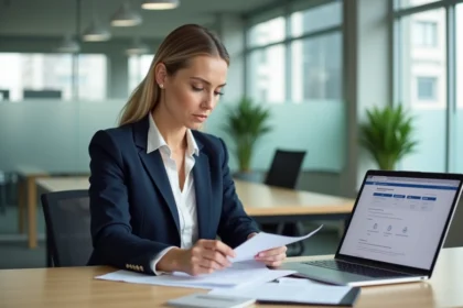 Femme en blazer marine consultant un portail de formation CPF sur ordinateur portable dans un bureau moderne