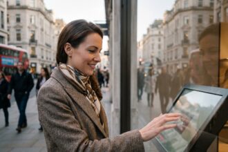Femme élégante utilisant un écran tactile en vitrine de boutique