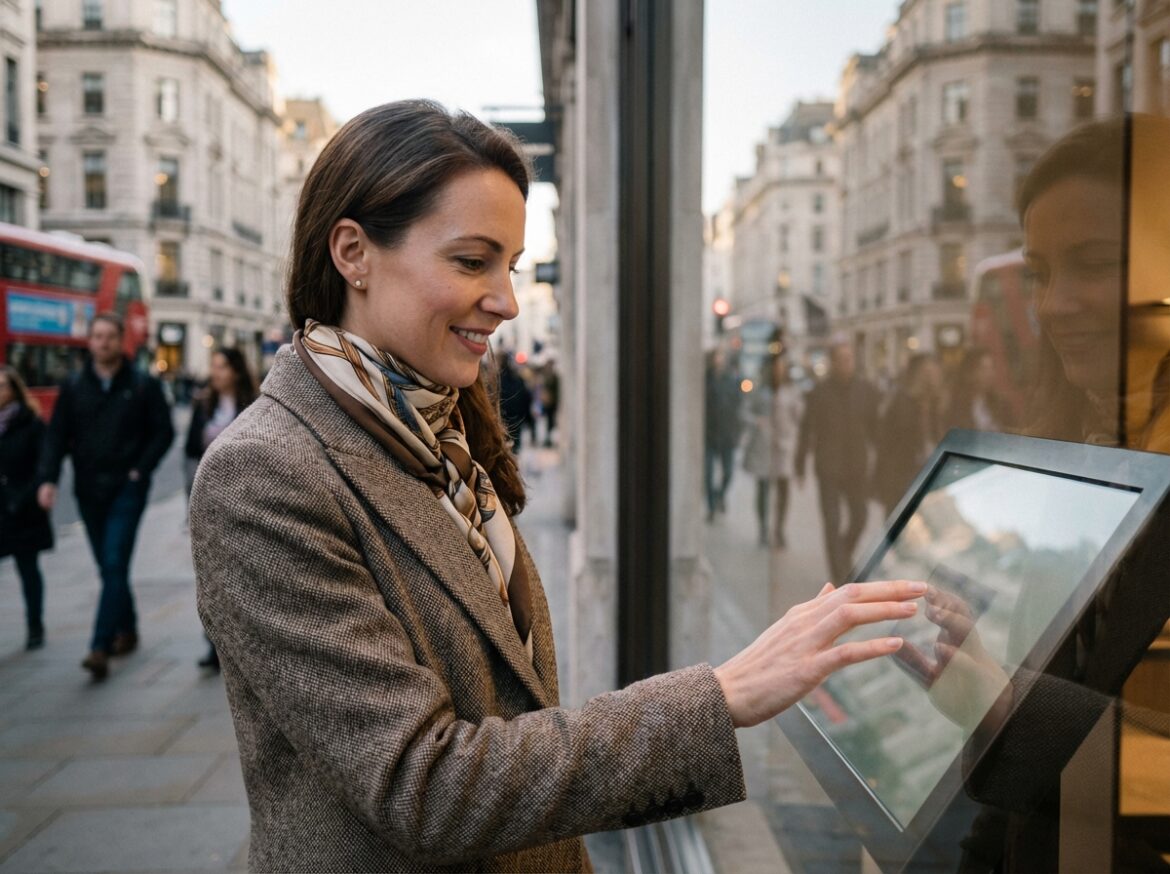 Femme élégante utilisant un écran tactile en vitrine de boutique