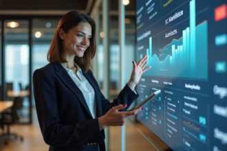 Femme professionnelle souriante avec tablette dans un bureau moderne
