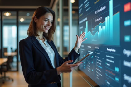 Femme professionnelle souriante avec tablette dans un bureau moderne
