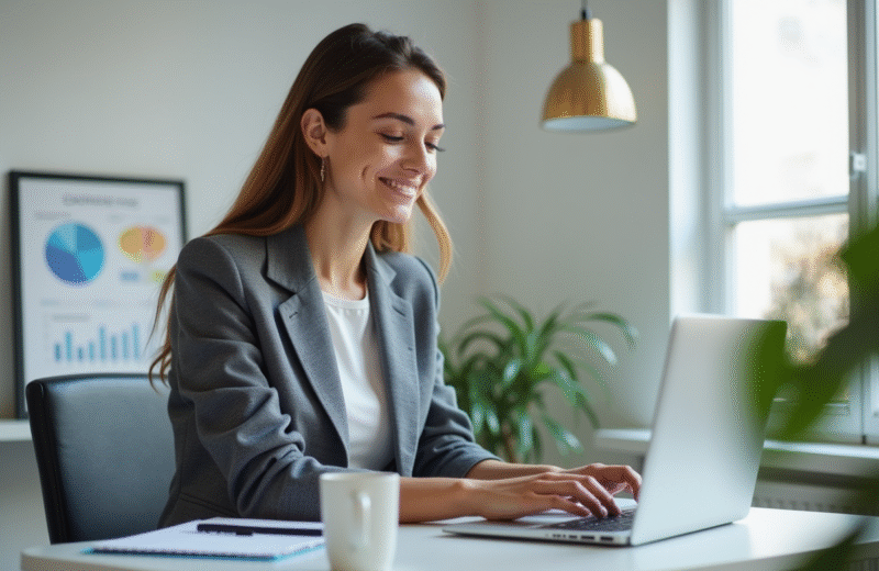 Jeune femme en blazer travaillant sur un ordinateur dans un bureau