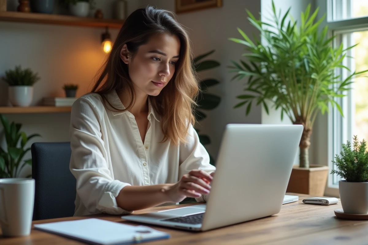 Jeune femme utilisant un tableau de bord marketing sur son ordinateur