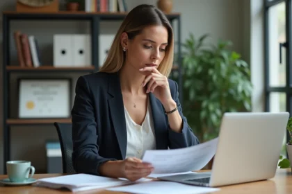 Femme au bureau vérifiant ses fiches de paie numériques