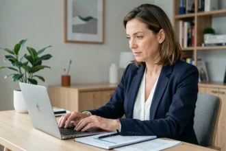 Femme professionnelle en télétravail comparant des offres de portage salarial sur son ordinateur portable dans un bureau moderne