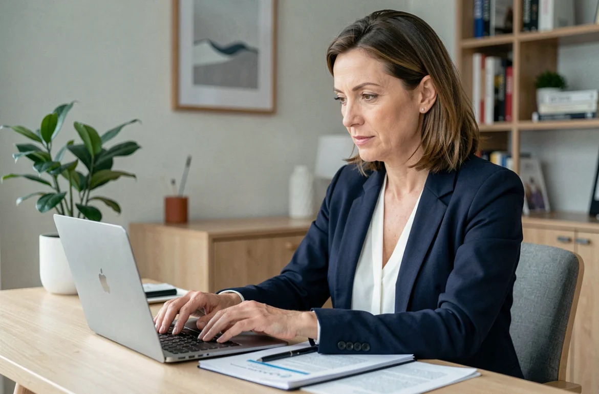Femme professionnelle en télétravail comparant des offres de portage salarial sur son ordinateur portable dans un bureau moderne