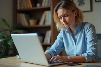 Femme frustrée devant un message d'erreur de connexion sur son ordinateur portable à son bureau à domicile
