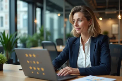 Femme professionnelle analysant des avis clients sur un ordinateur portable dans un bureau moderne pour améliorer l'e-réputation de son entreprise en 2026