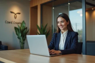 Femme professionnelle en bureau moderne avec logo Champagne