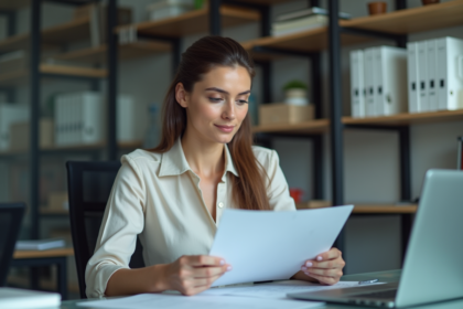 Femme d'affaires concentrée examinant un document au bureau