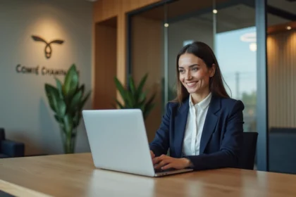 Femme professionnelle en bureau moderne avec logo Champagne
