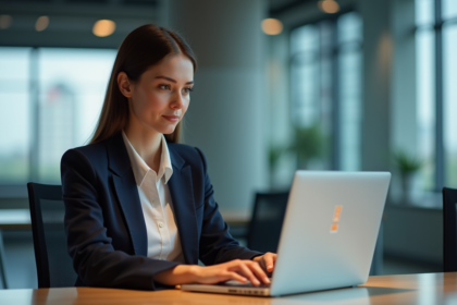 Femme d affaires assise à son bureau avec un ordinateur portable