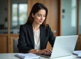 Femme professionnelle concentrée sur son ordinateur dans un bureau moderne