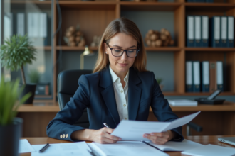 Femme d affaires en costume dans son bureau moderne