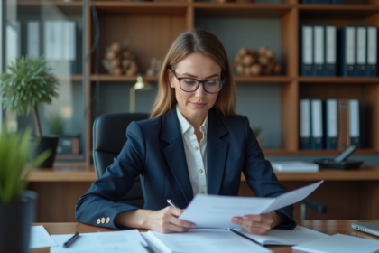 Femme d affaires en costume dans son bureau moderne