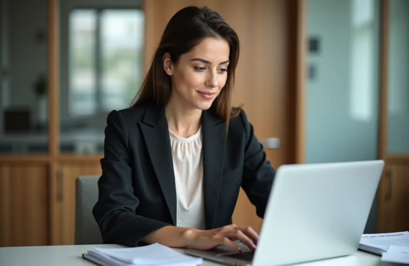 Femme professionnelle concentrée sur son ordinateur dans un bureau moderne