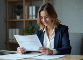 Femme professionnelle en bureau examine une facture