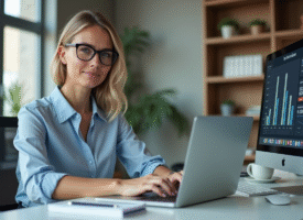 Femme professionnelle travaillant sur un ordinateur dans un bureau moderne
