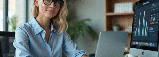 Femme professionnelle travaillant sur un ordinateur dans un bureau moderne