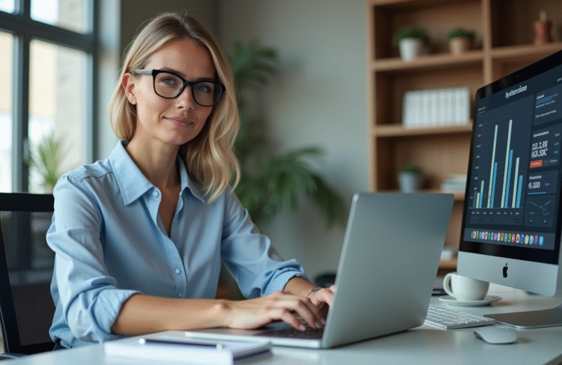 Femme professionnelle travaillant sur un ordinateur dans un bureau moderne