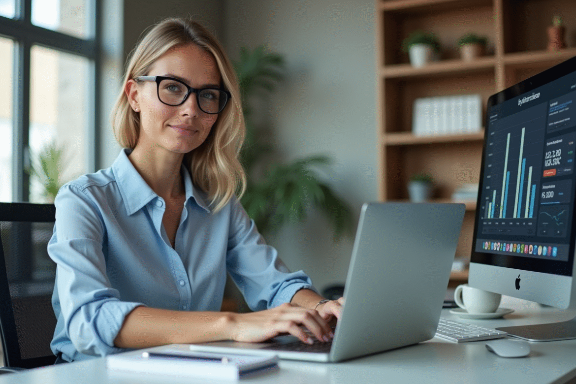 Femme professionnelle travaillant sur un ordinateur dans un bureau moderne