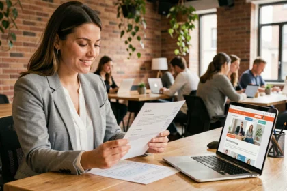 Femme consultant une offre d'emploi à l'étranger sur la plateforme Career Trotter dans un espace de coworking