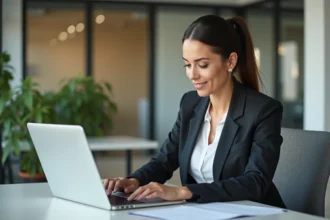 Femme en blazer examinant des CV sur un ordinateur moderne