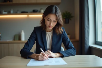 Femme en costume bleu examine des documents dans un appartement moderne