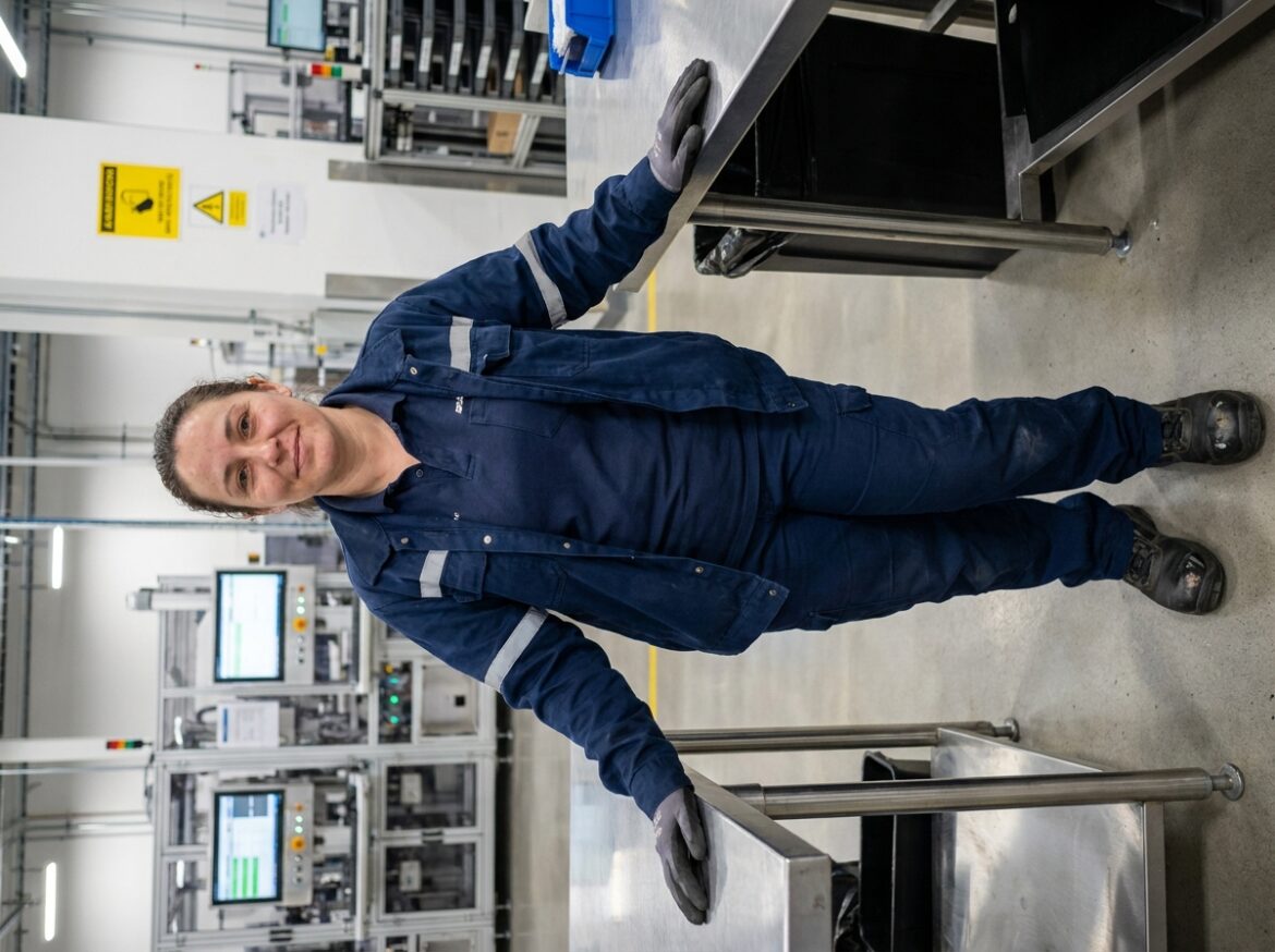 Femme en uniforme de travail et chaussures de sécurité dans une usine