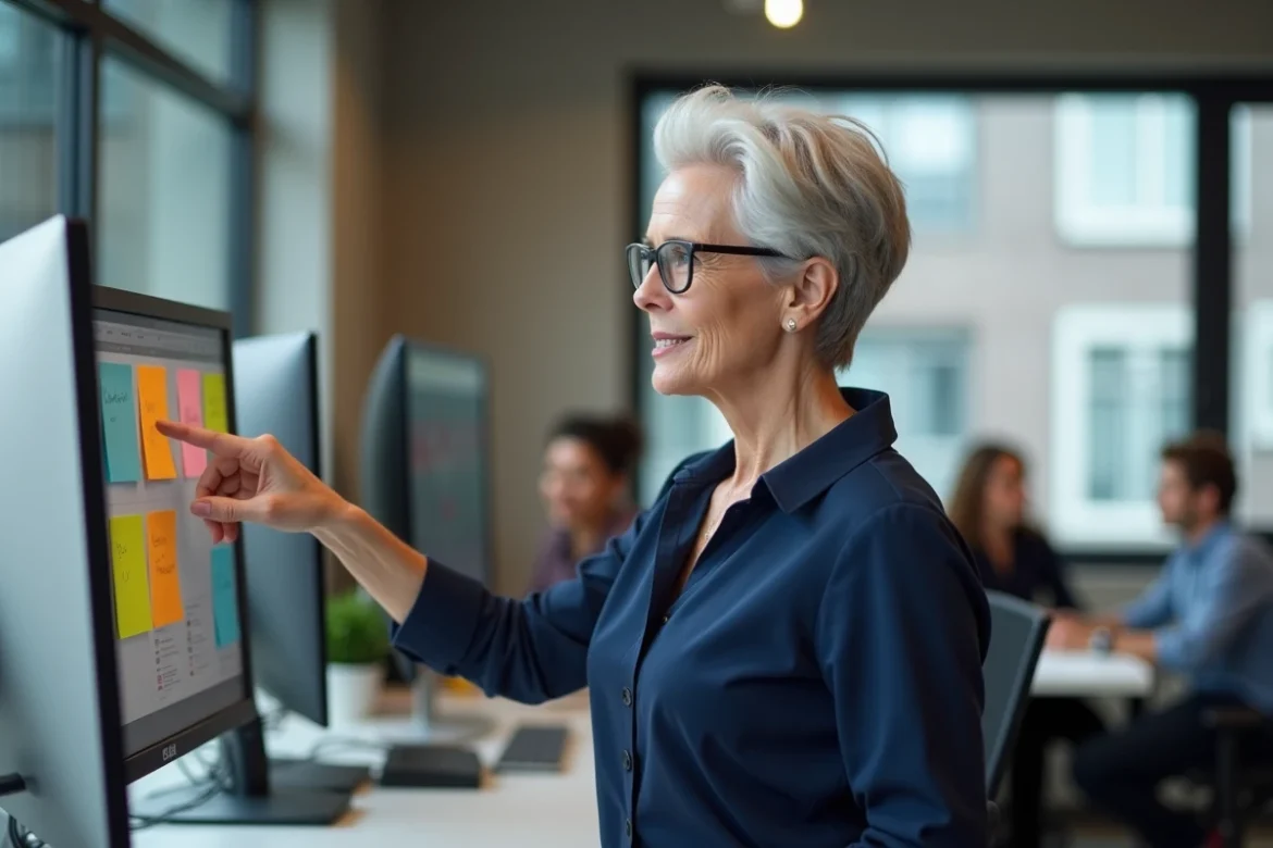 Femme senior en reconversion professionnelle dans un espace de coworking, planifiant son nouveau métier en télétravail