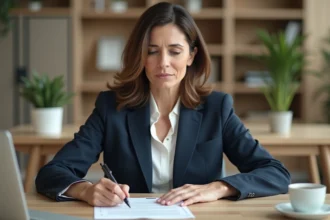 Femme cadre signant un document de rupture conventionnelle dans un bureau professionnel