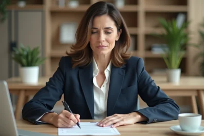 Femme cadre signant un document de rupture conventionnelle dans un bureau professionnel