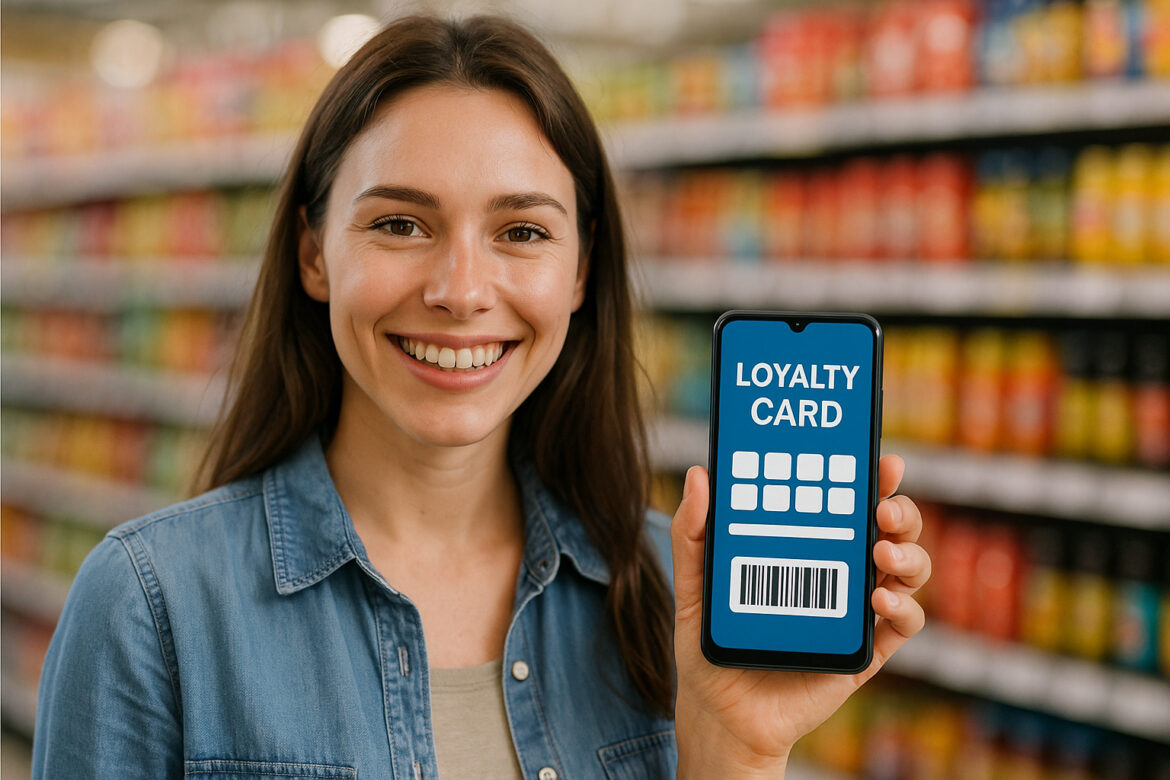 Jeune femme souriante avec smartphone affichant une carte de fidélité