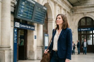 Femme dans la gare d'Orleans regardant l'affichage