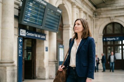 Femme dans la gare d'Orleans regardant l'affichage