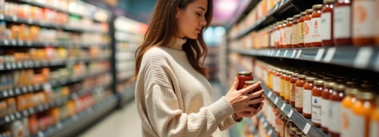 Femme examinant des bocaux dans un supermarché