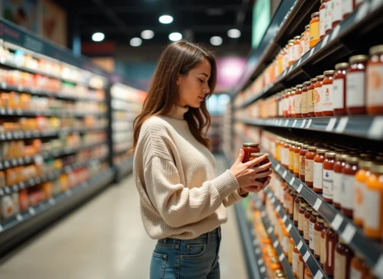 Femme examinant des bocaux dans un supermarché