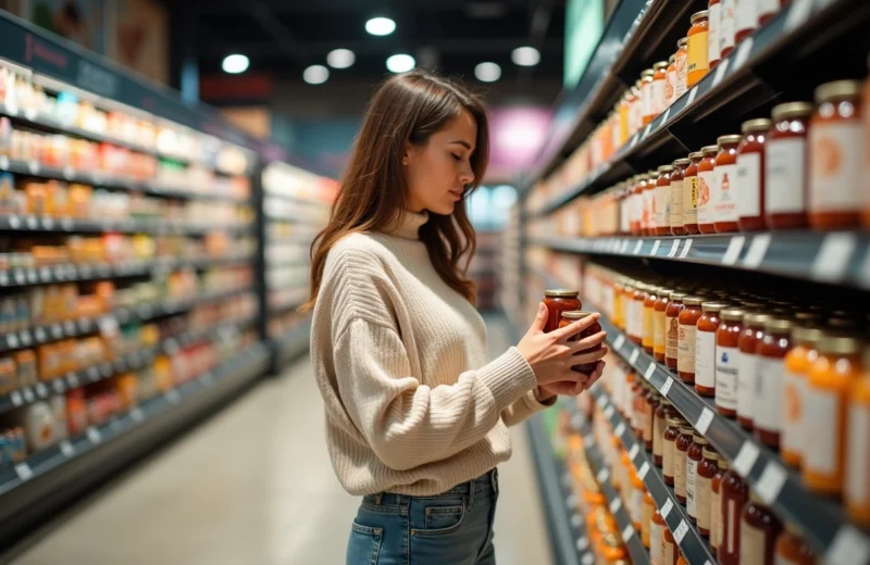 Femme examinant des bocaux dans un supermarché