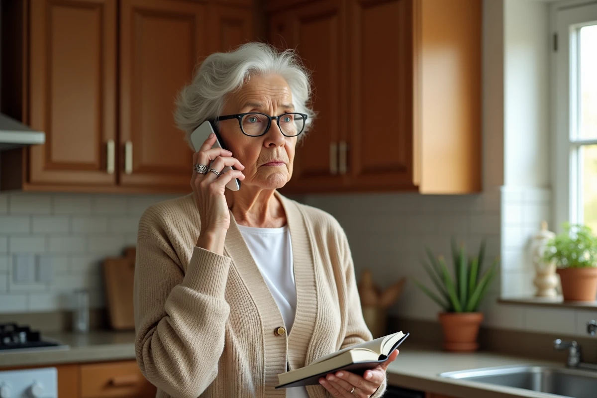 Femme âgée au téléphone dans une cuisine lumineuse