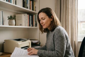 Femme en télétravail consultant des documents imprimés par une imprimante laser sur un bureau en bois à domicile