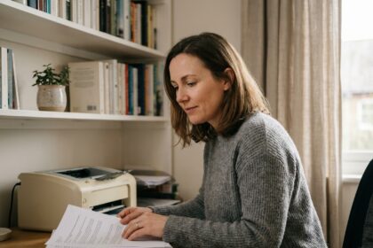 Femme en télétravail consultant des documents imprimés par une imprimante laser sur un bureau en bois à domicile