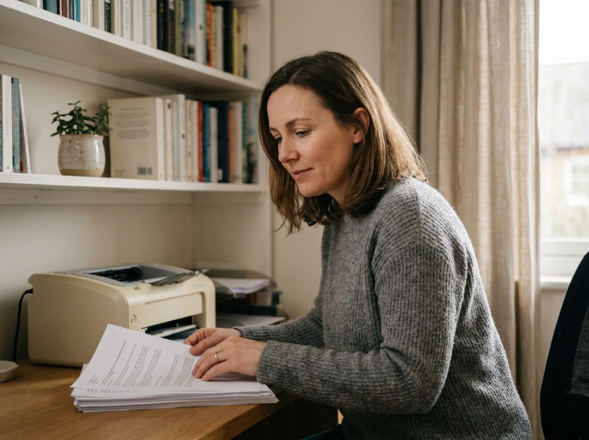 Femme en télétravail consultant des documents imprimés par une imprimante laser sur un bureau en bois à domicile