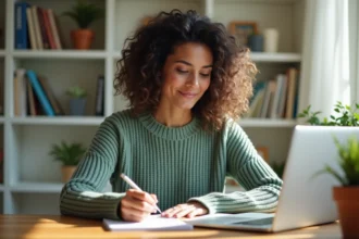 Femme en télétravail prenant des notes dans un bureau à domicile organisé, illustrant une reconversion professionnelle sereine