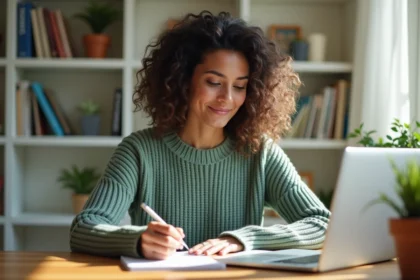 Femme en télétravail prenant des notes dans un bureau à domicile organisé, illustrant une reconversion professionnelle sereine