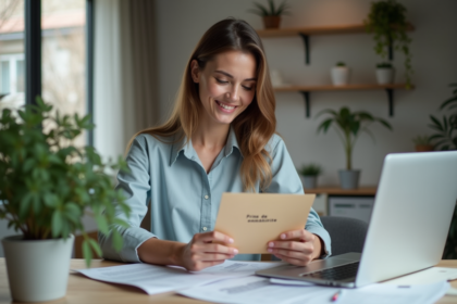 Femme souriante vérifiant documents de mobilité à son bureau