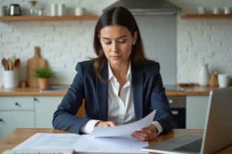 Femme en tenue professionnelle examine des documents