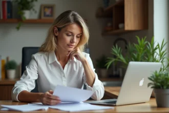 Femme d'âge moyen travaillant à domicile avec documents et ordinateur
