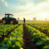 Ferme moderne avec cultures saines et tracteur sous le ciel