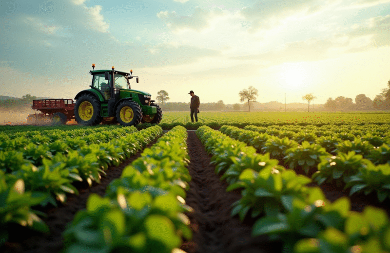 Ferme moderne avec cultures saines et tracteur sous le ciel
