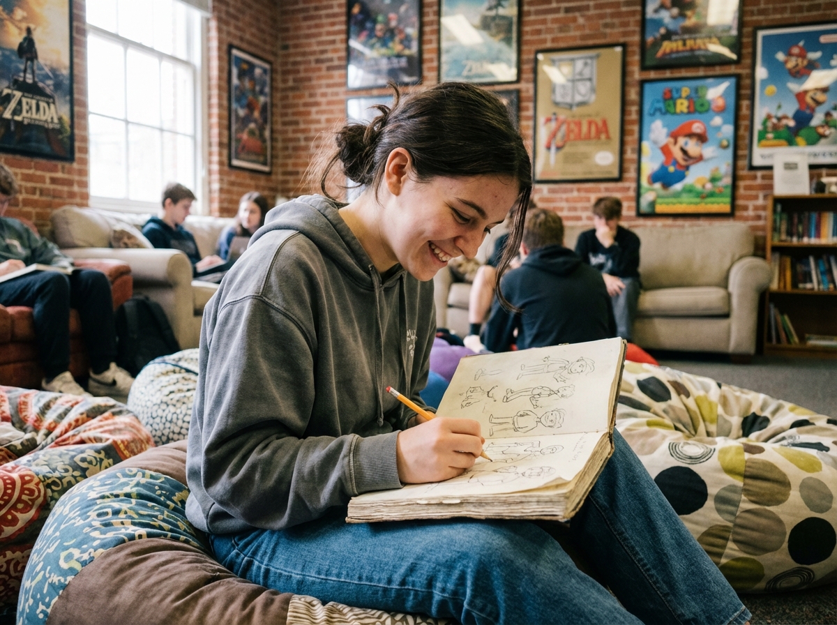 Jeune fille esquissant des personnages de jeux vidéo dans un espace créatif